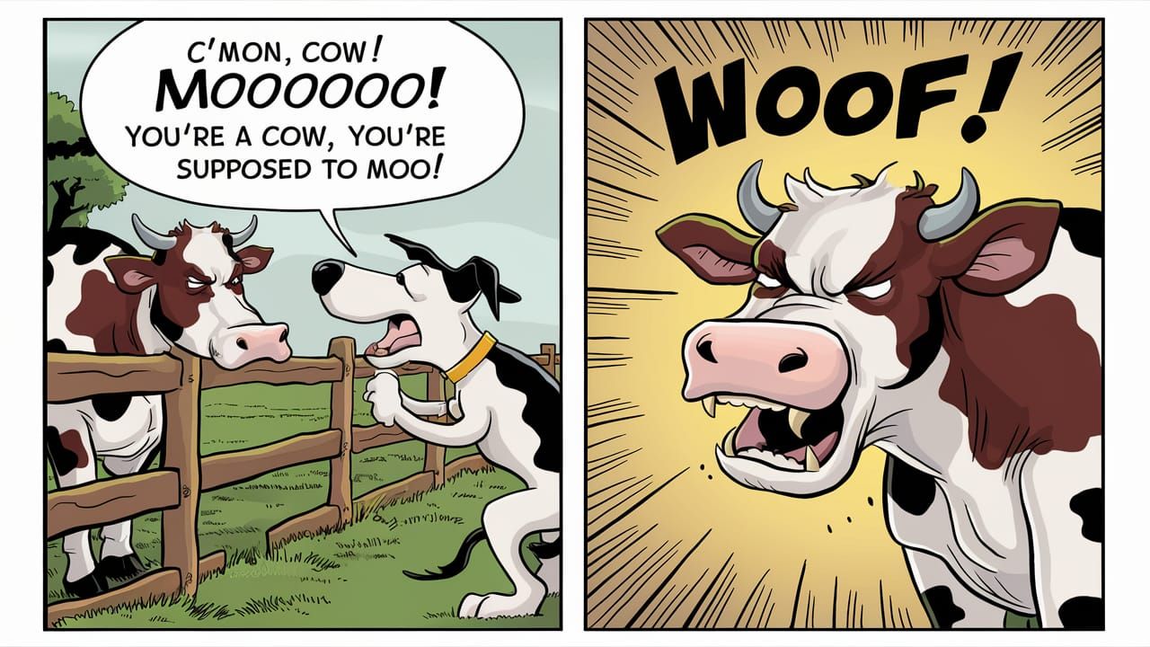Comical Dog Demands Moo From Cow Comic Strip