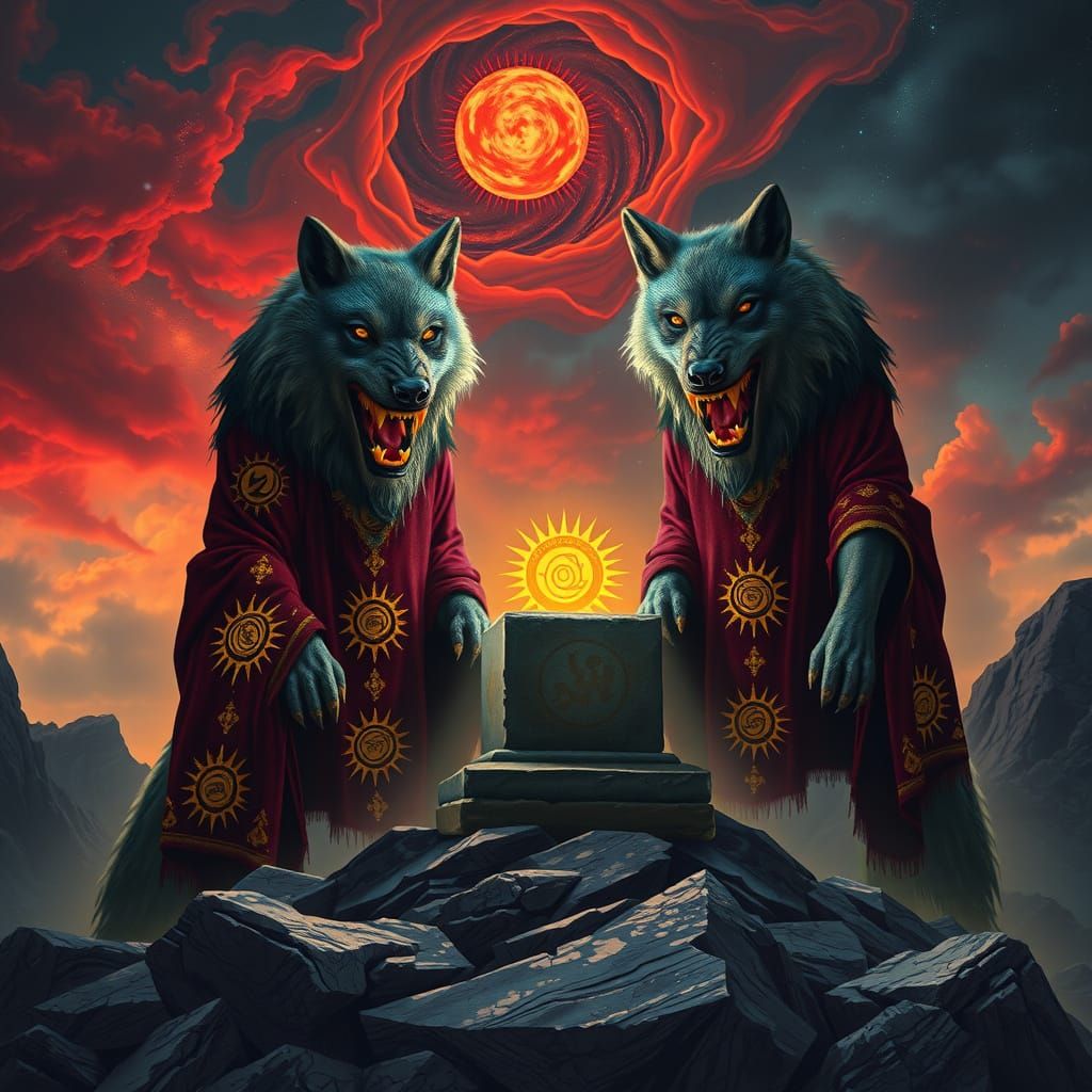 Majestic Wolf Priests Confront the Cosmos in Ritual