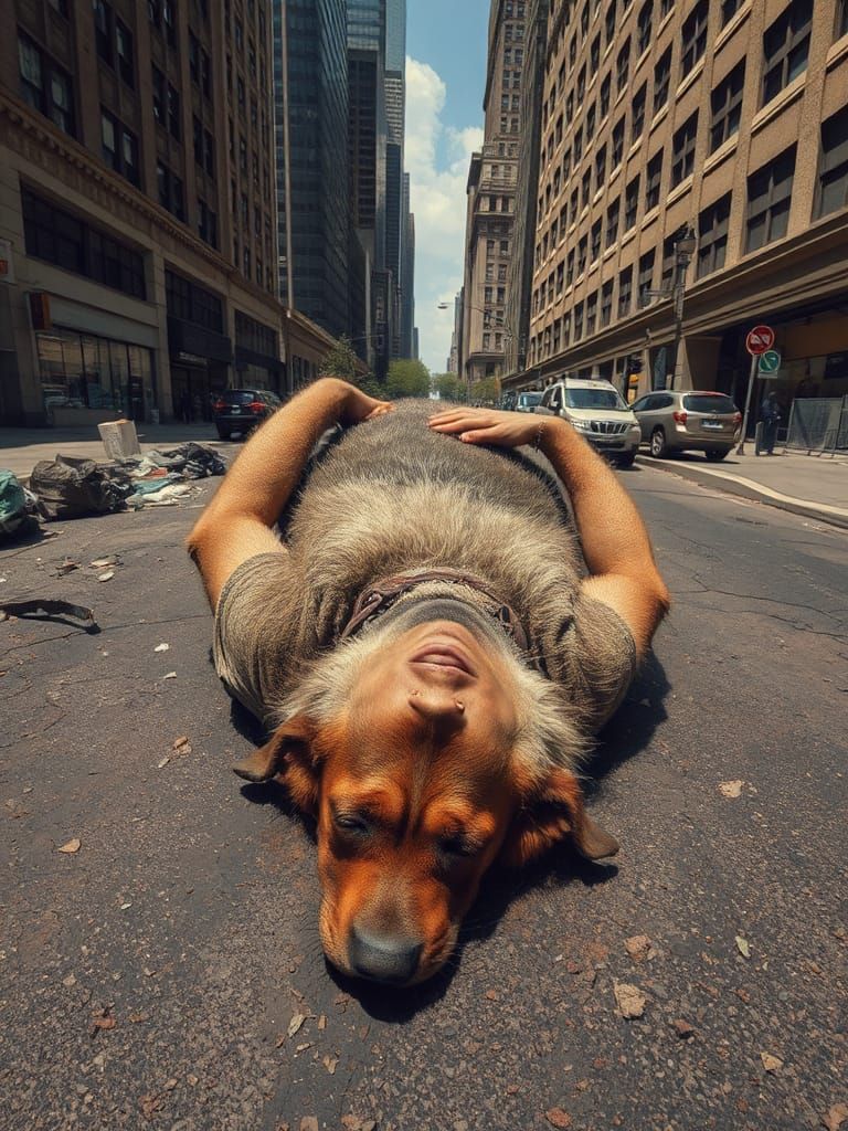 Man Sleeps on Dog in Gritty Urban Scene