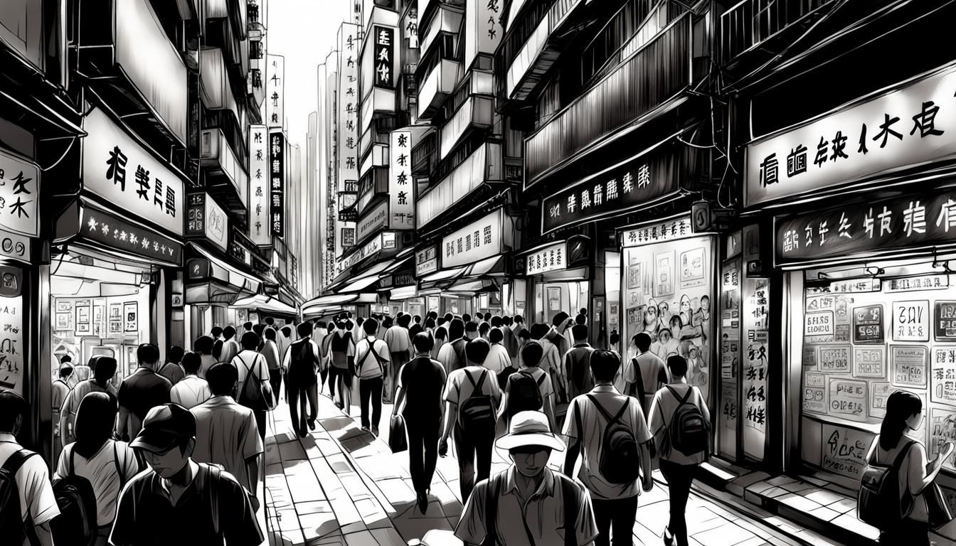Busy Hong Kong Sidewalk in Sketch Illustration Style