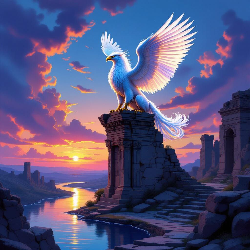 Majestic Griffin on Ancient Ruin with Twilight Sky
