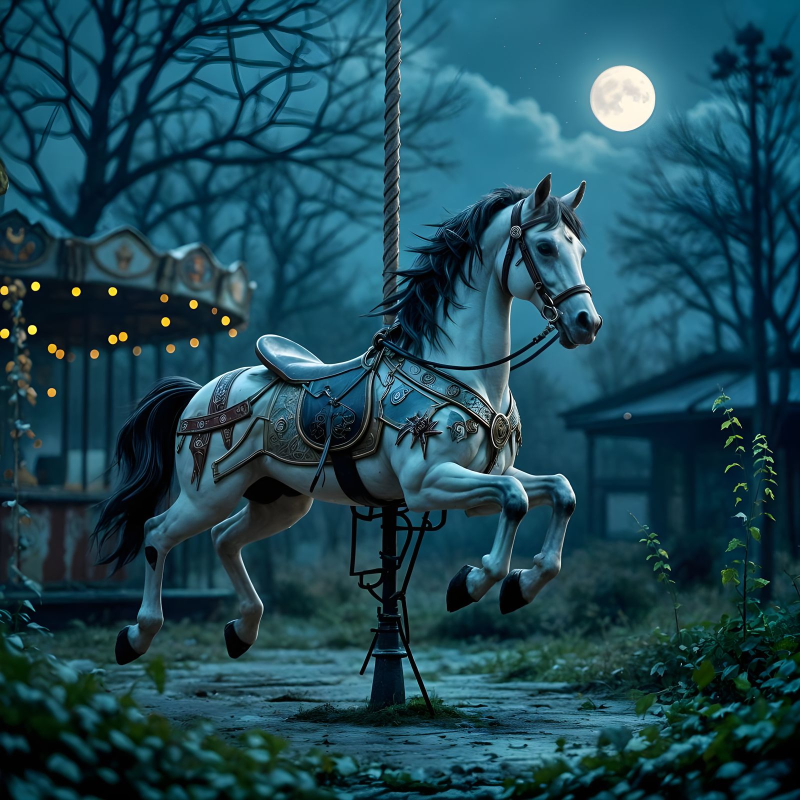 Eerie Carousel Horse in Moonlit Fairground