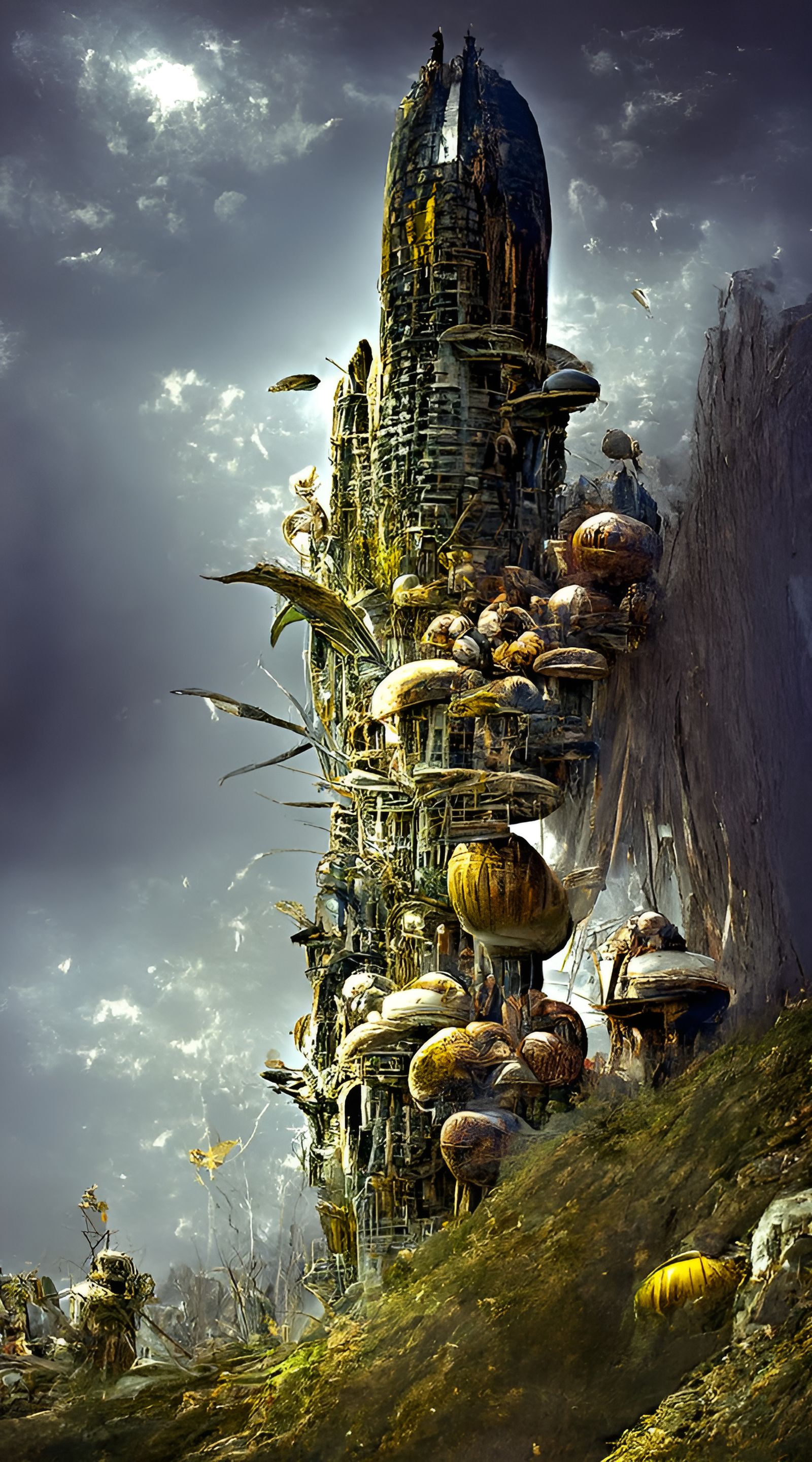 Cornpunk Alien Space Base with Spiraling Orbs