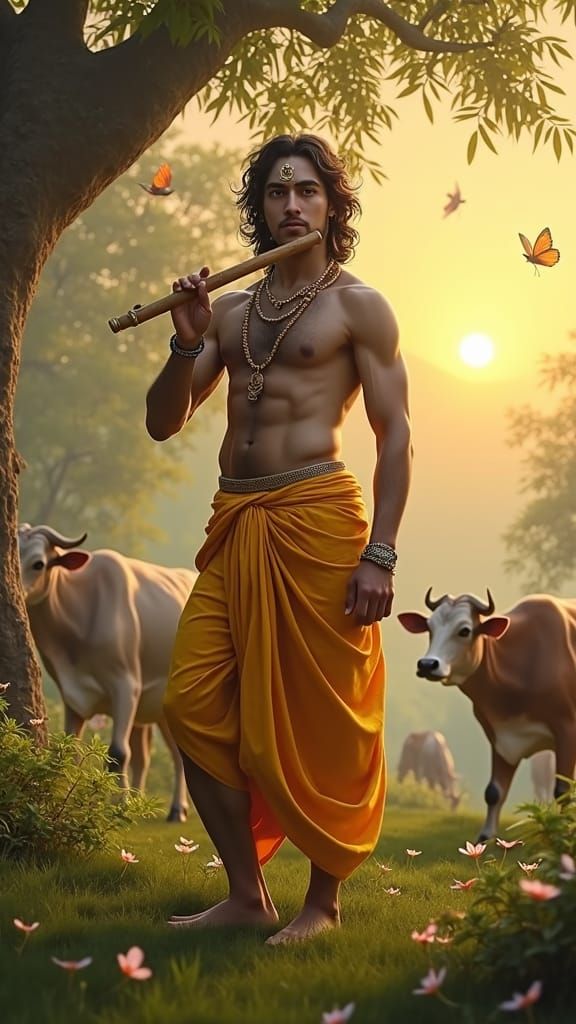 Photorealistic Krishna in Lush Sunset Landscape