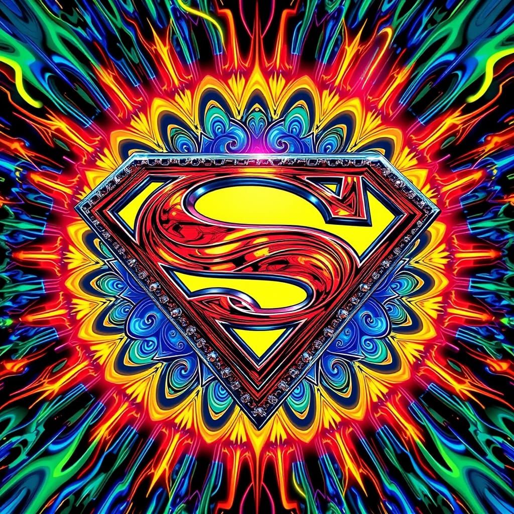 Vibrant Kaleidoscopic Superman Shield in Cosmic Neon Aesthet...