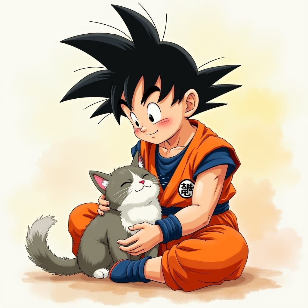 Goku Petting a Cat in Anime Style