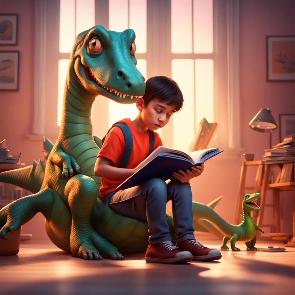 Boy Reading with Dinosaur Friend: Animation Style
