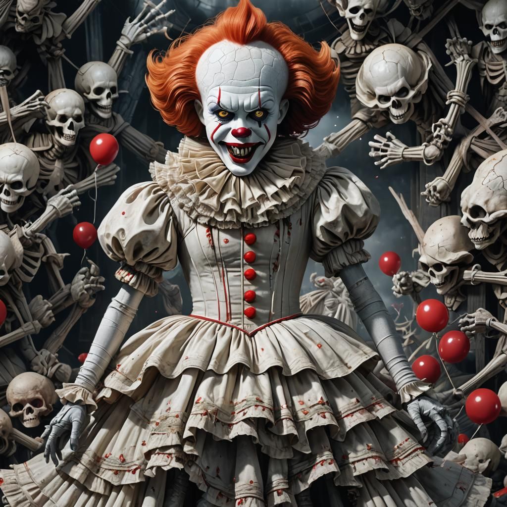 Hyperrealistic Pennywise Half Dress and Bones, Detailed Art