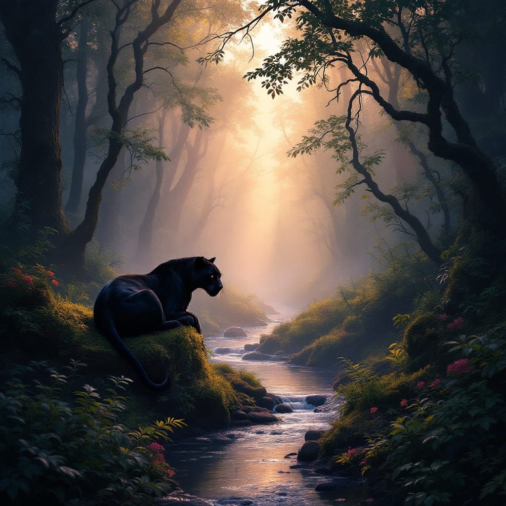 Black Panther Rests in Foggy Forest Stream Abstract Art
