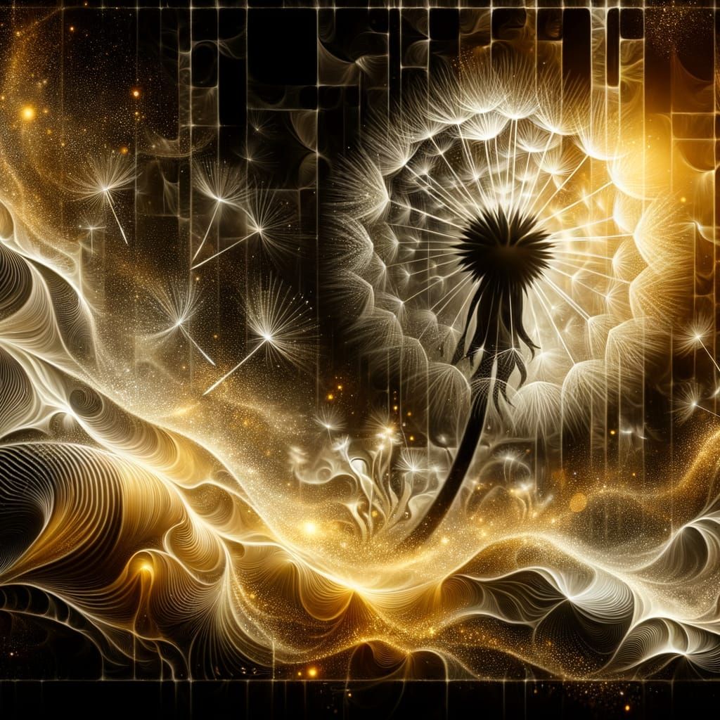 Monochrome Dandelion Dissolving into Golden Geometric Waves