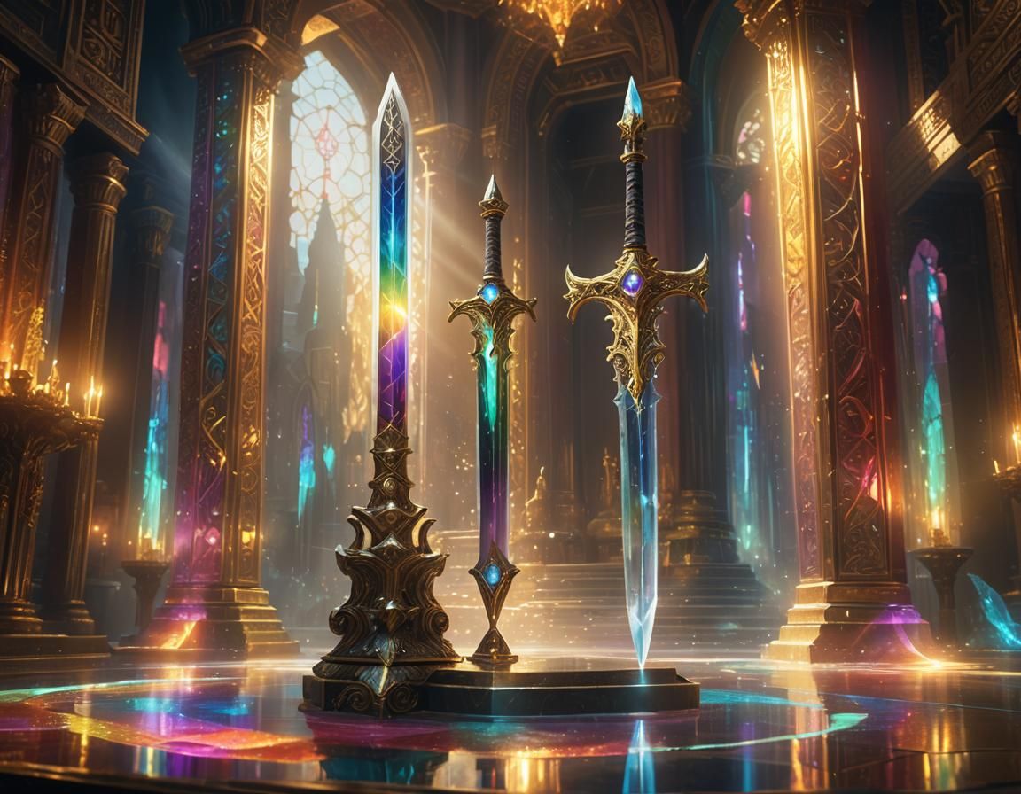 Crystal Sword with Golden Hilt in Dimly Lit Temple