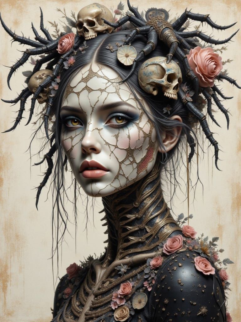 Eerie Gothic Woman With Cobweb Hair and Skulls