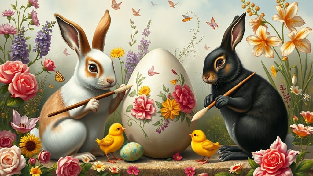 Easter Painting: Rabbits and Chicks Decorate Eggs