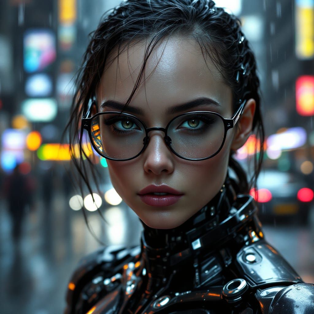 Cyborg Woman With Haunting Eyes on Rainy City Streets