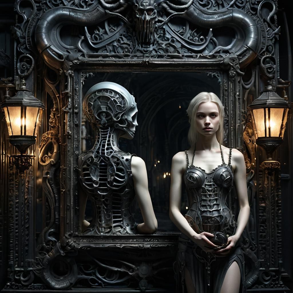 Biomechanical Woman with Lantern in Dark Surrealism Style