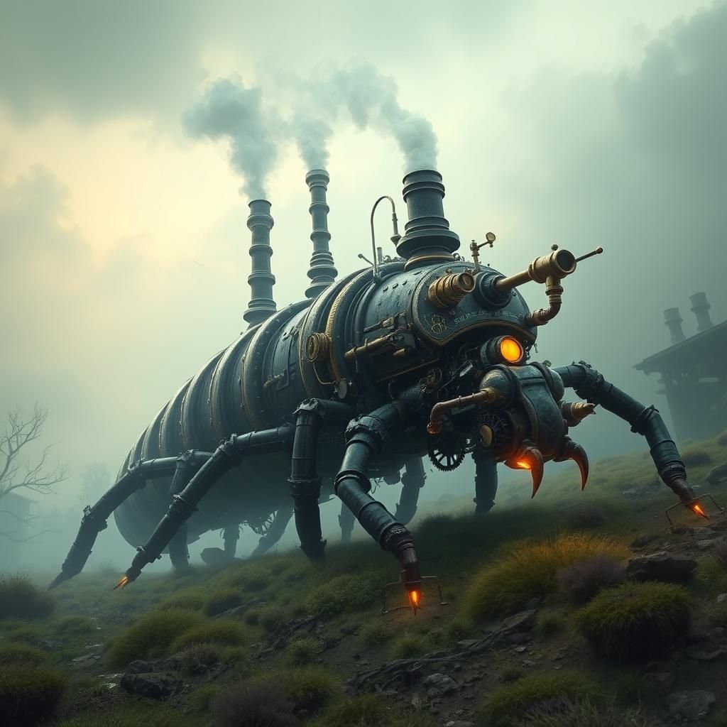 Steampunk Mechanical Millipede in Dreamlike Landscape