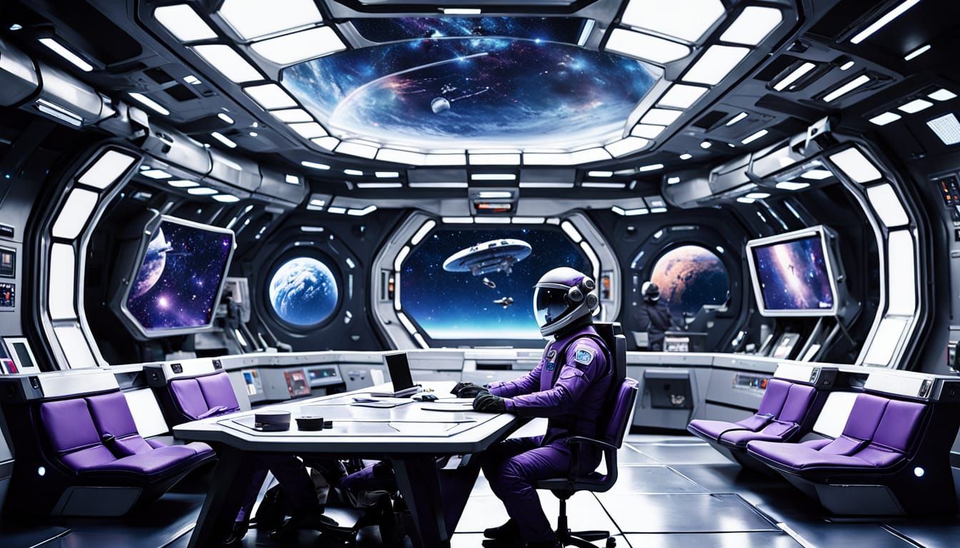 Purple Slug and Man in Futuristic Space Station Conference