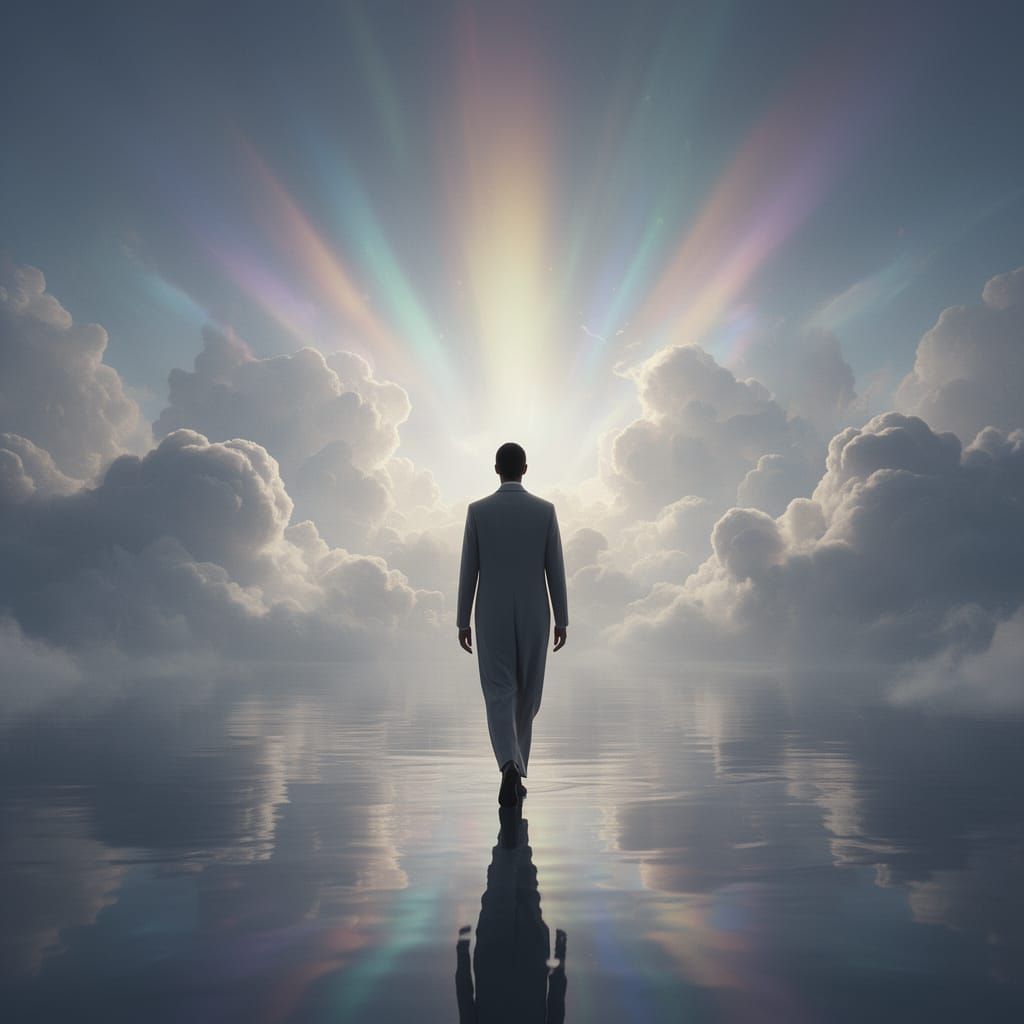 Figure on Reflective Water Amidst Ethereal Clouds
