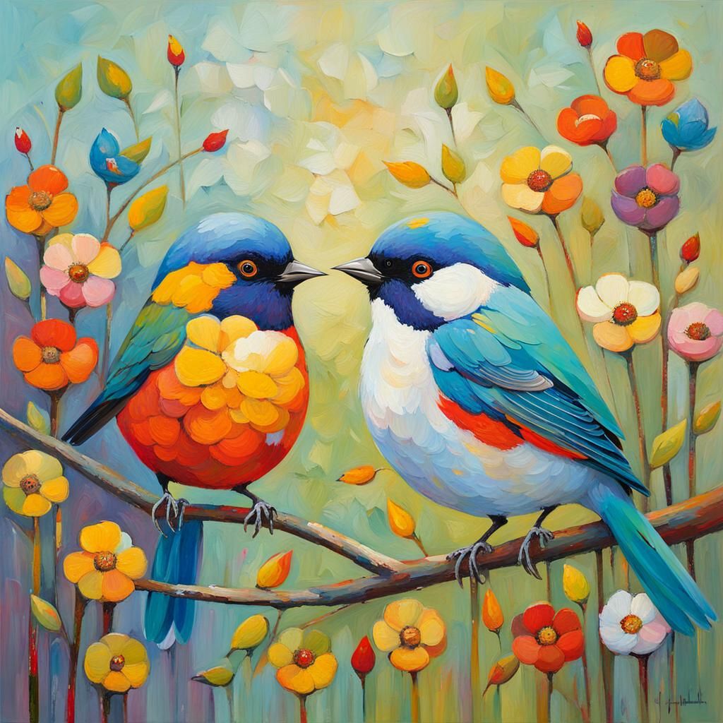 Cute Birds in Neo-Impressionist Expressionist Style