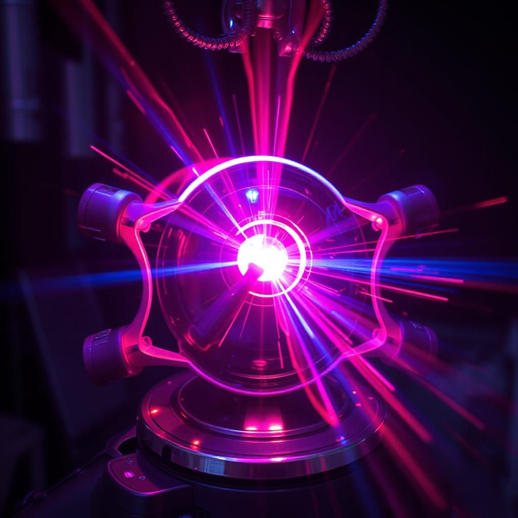 Futuristic Device Emitting Tetryon Beam in Cyberpunk Style