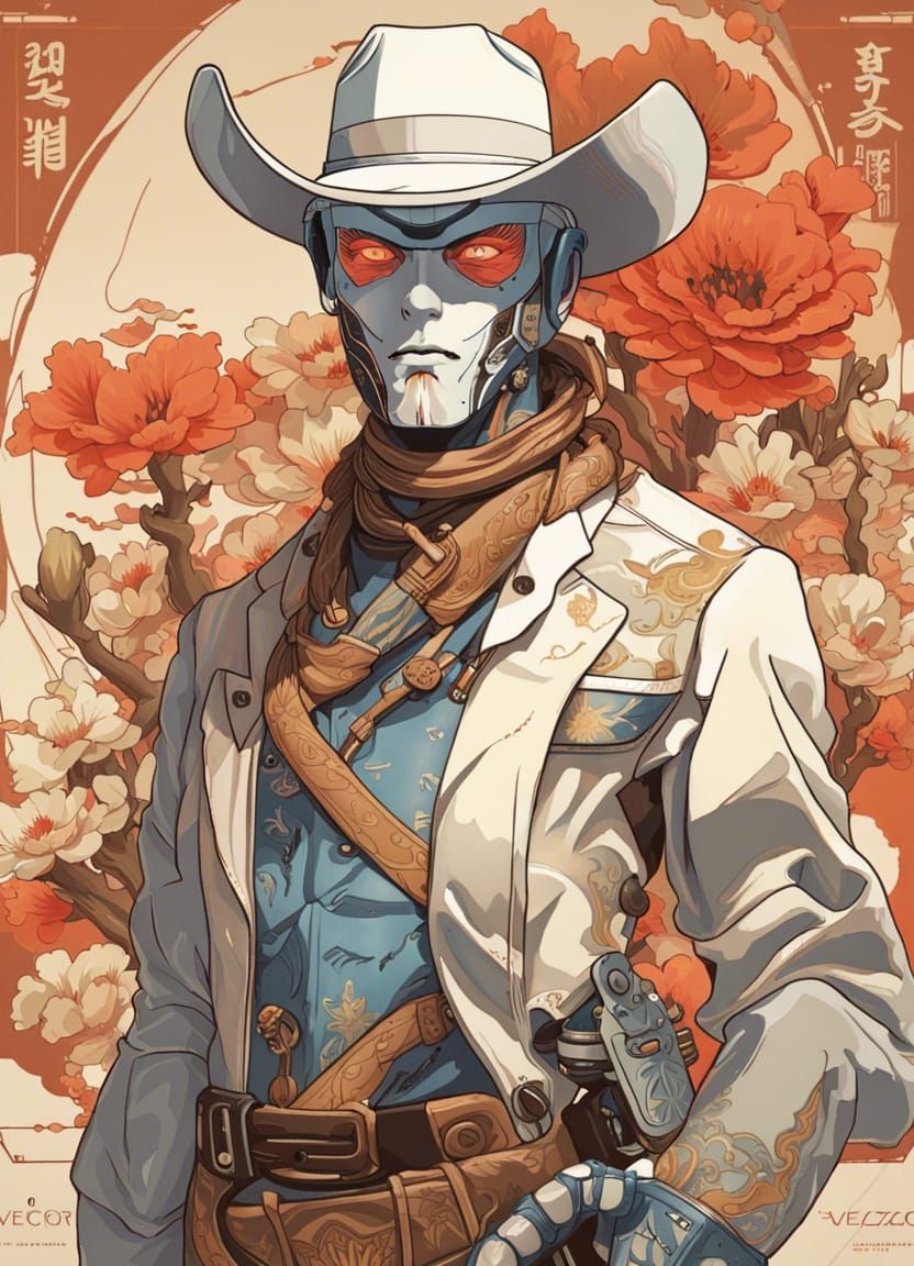 a full figure portrait of a cowboy robot from westworld, vec...