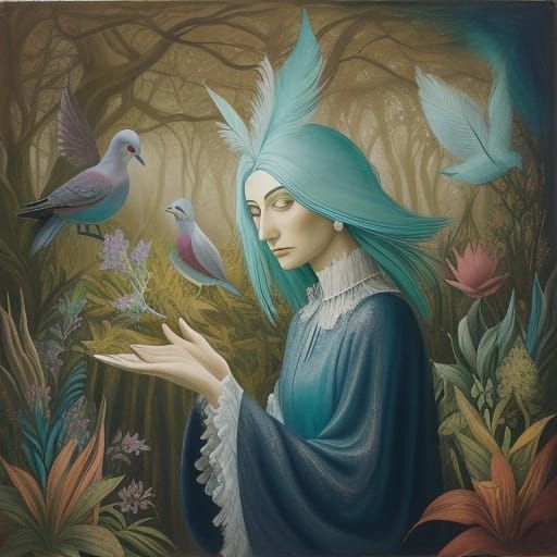 Lady Surrounded by Iridescent Doves in a Dreamlike Forest