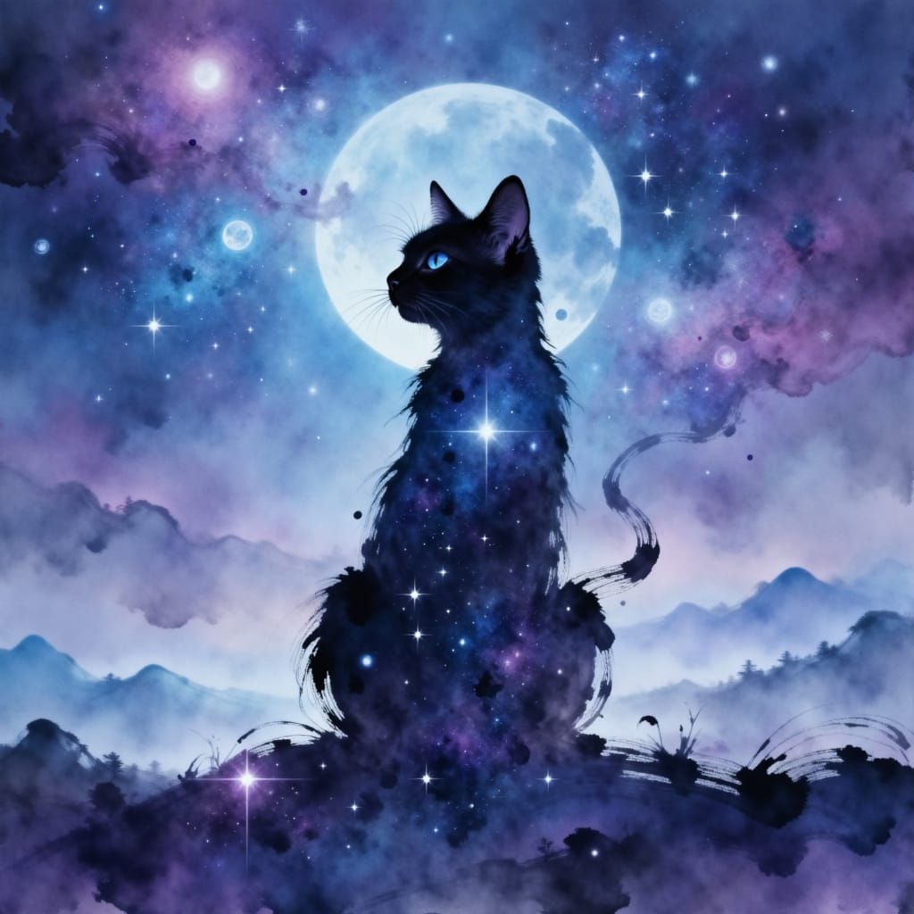 Elegant Cat Single Line Art with Cosmic Background