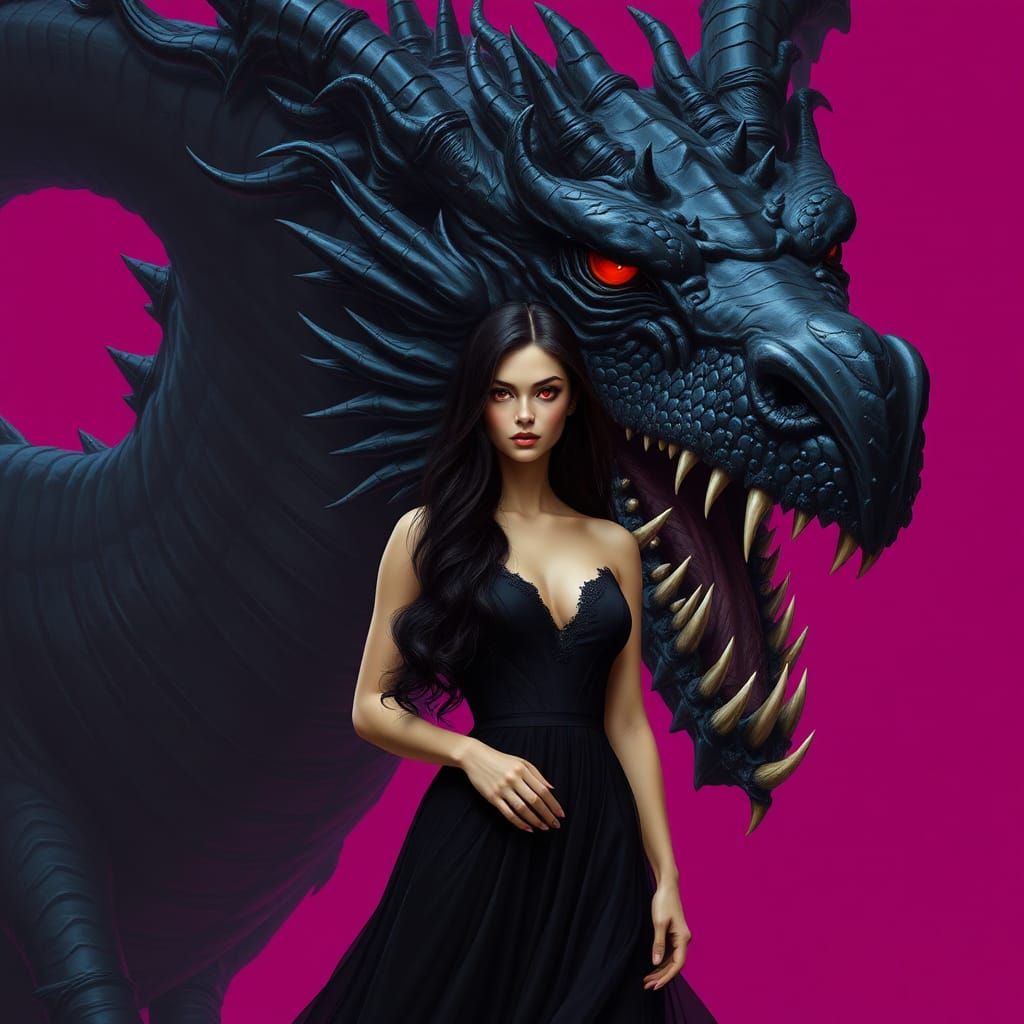 Woman and Dragon in Dark Mystical Style