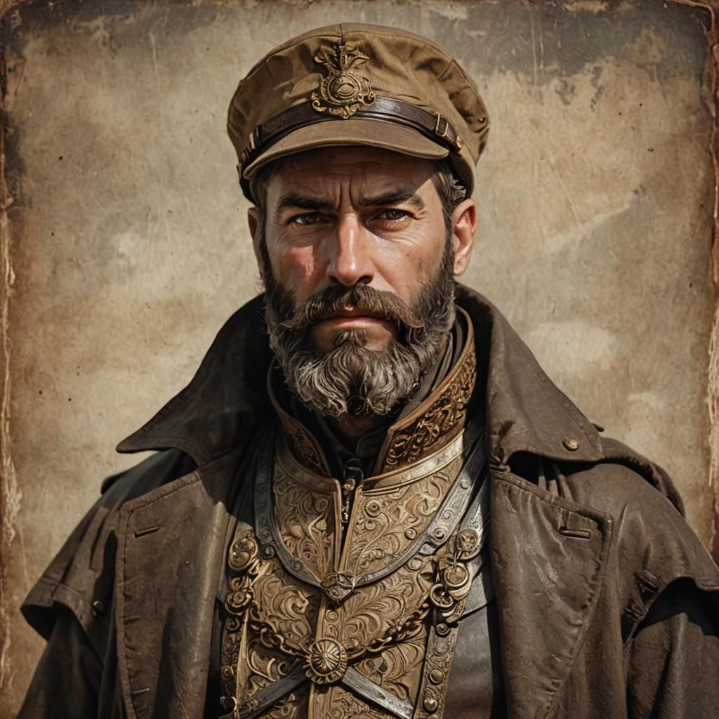 Bearded Man in Military Hat and Cloak