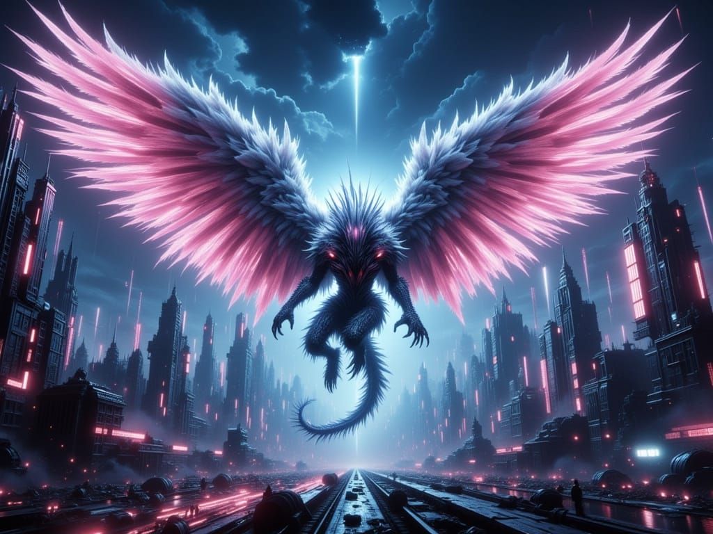 Alien Creature Soaring Over Dystopian Cityscape