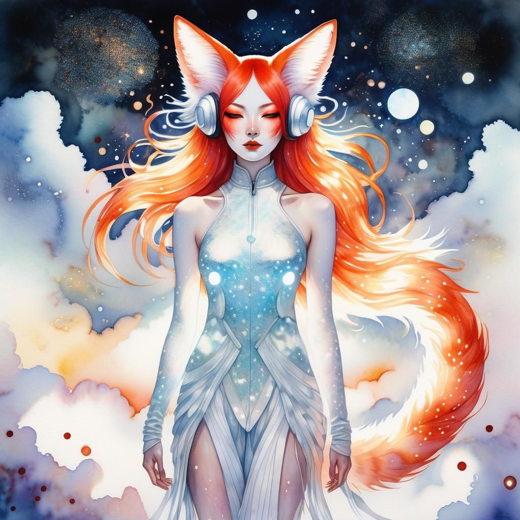 Iridescent Kitsune Girl in Watercolor Surrealism