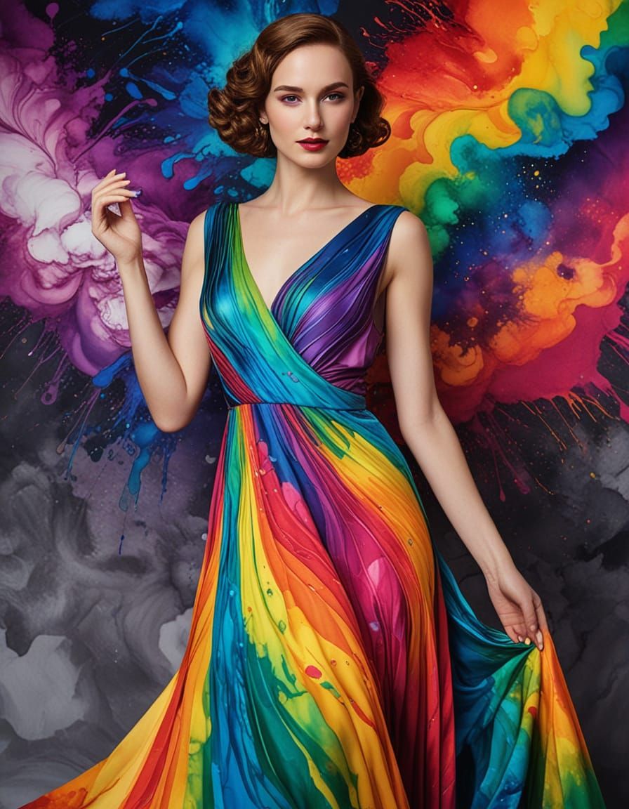 Woman in Rainbow Silk Dress, Art Deco Style