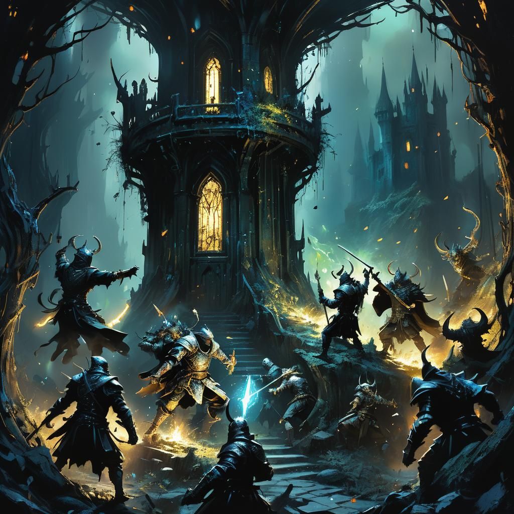 Shadow Battle in Tower, Dark Fantasy Concept Art