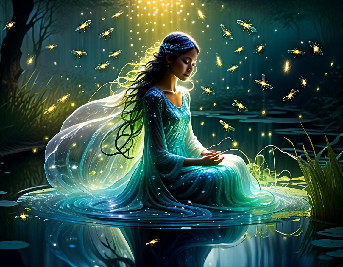 Ethereal Water Spirit in Enchanted Forest, Watercolor Art