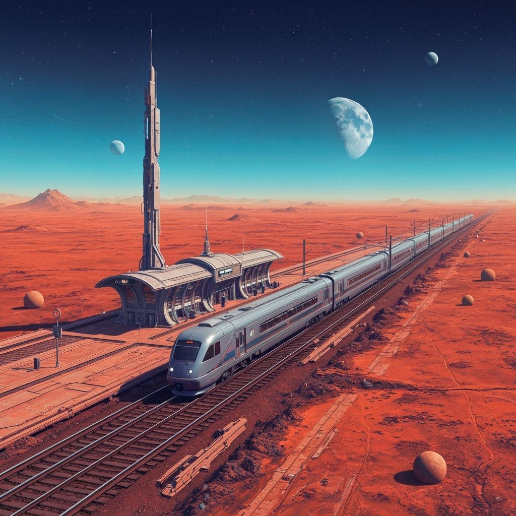 Futuristic Train on Mars in Holographic Style