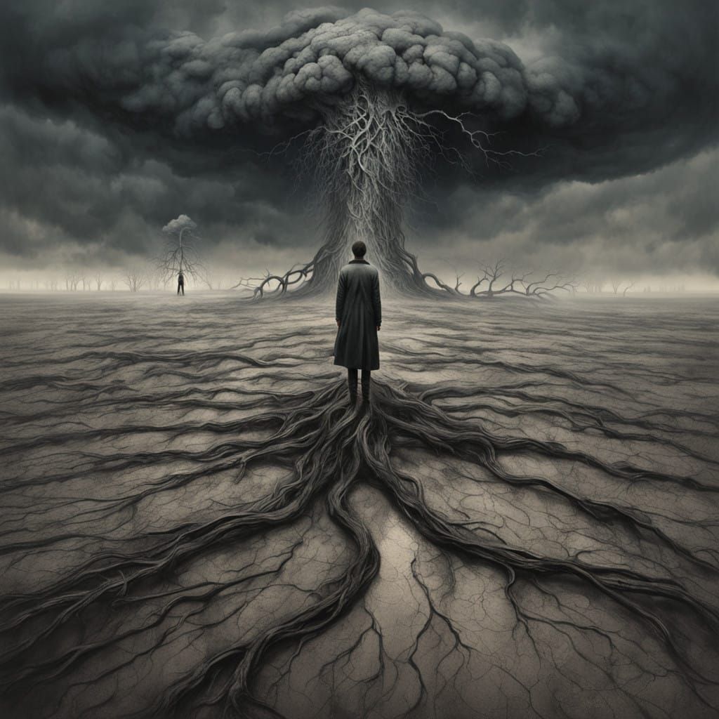 Ethereal Figure Lost in a Desolate, Rain-Soaked Landscape