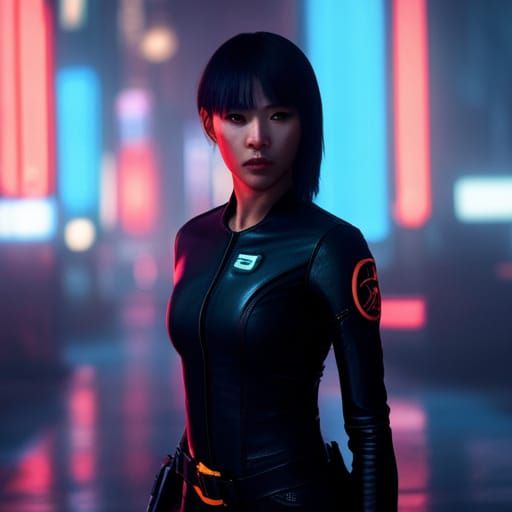 Asian Girl in Cyberpunk City with Neon Lights