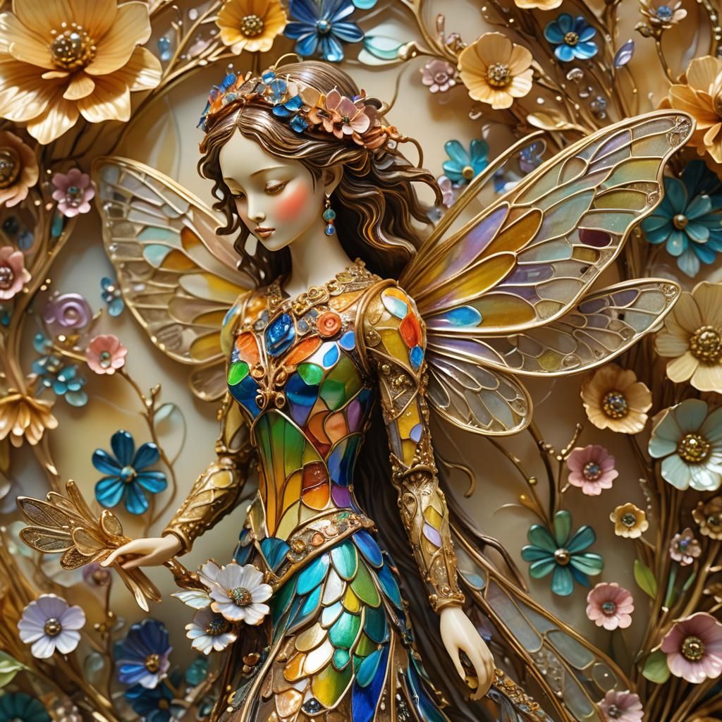 Enameled glass dragon fly winged fairy goddess  Figurine sur...