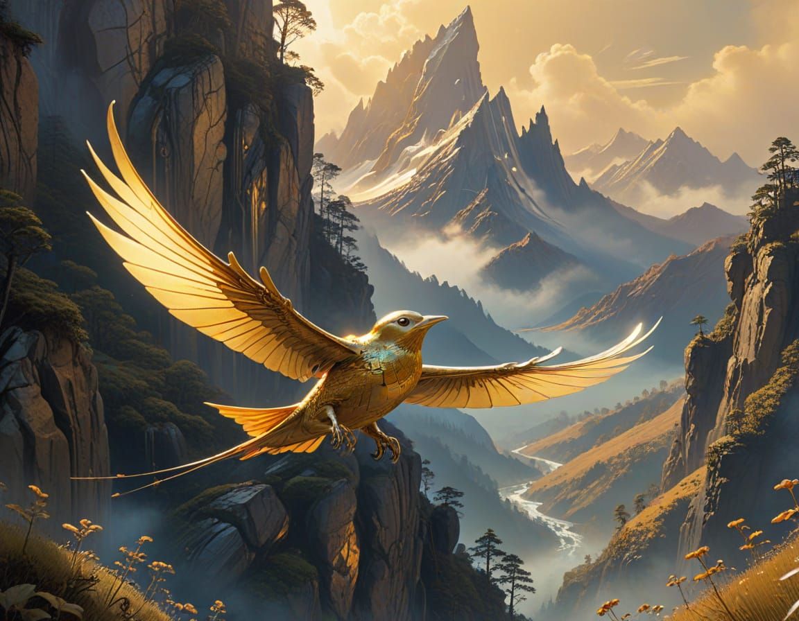 Golden Snidgel in Art Nouveau Mountainscape