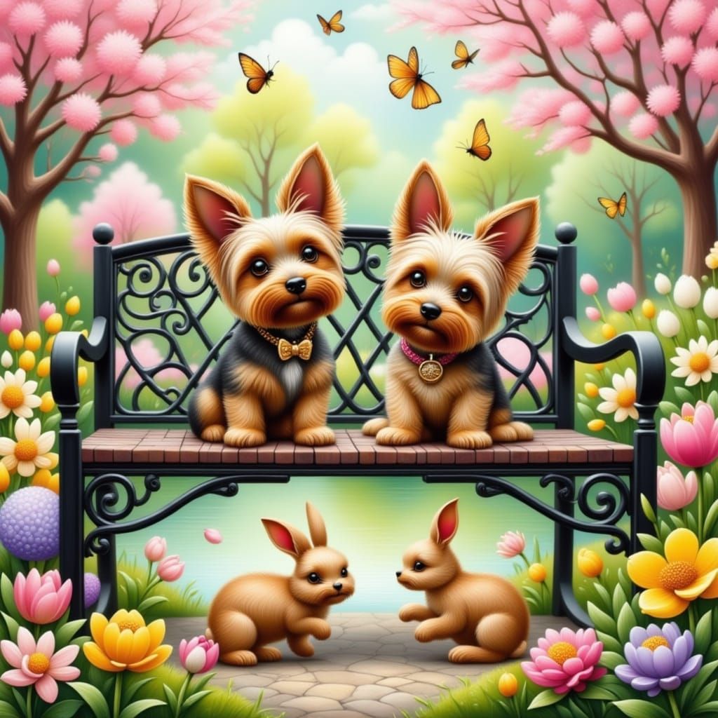 Yorkies in Springtime Park with Embroidered Details