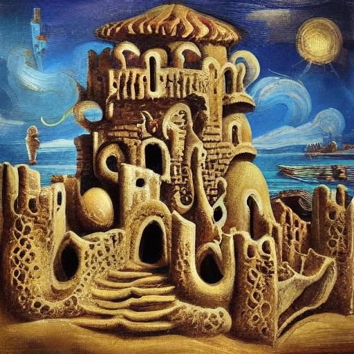 Naiads Build Melting Sandcastle: Surreal Oil Painting