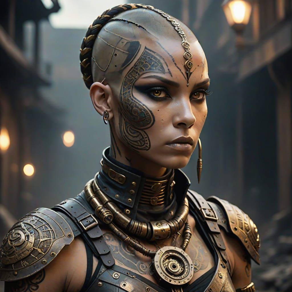 Empowered Post-Apocalyptic Warrior with Tribal Steampunk Arm...