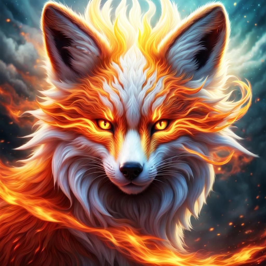 Nine-Tailed Fox Head with Magical Flames, Digital Art