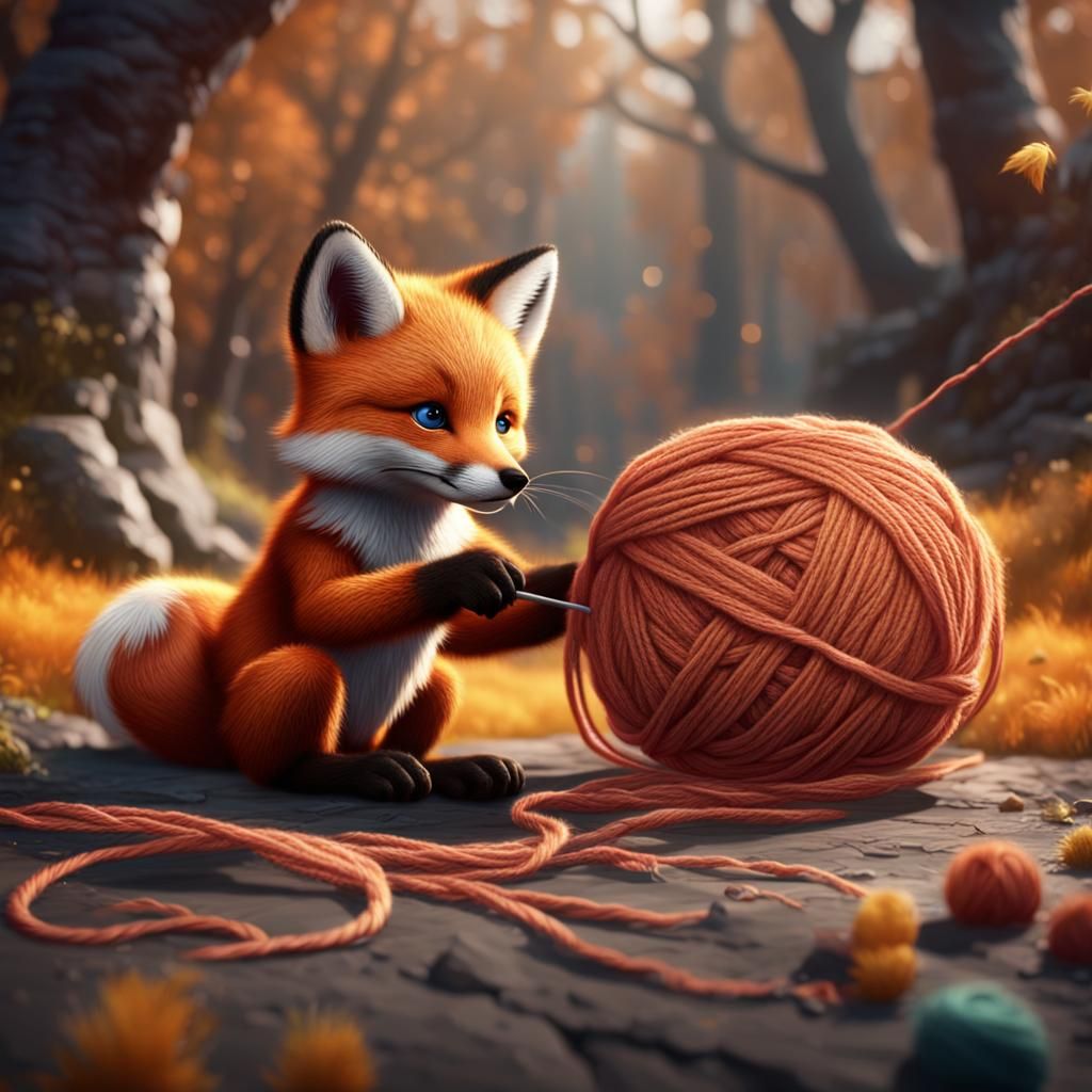 Baby Fox and Yarn: Detailed Fantasy Concept Art