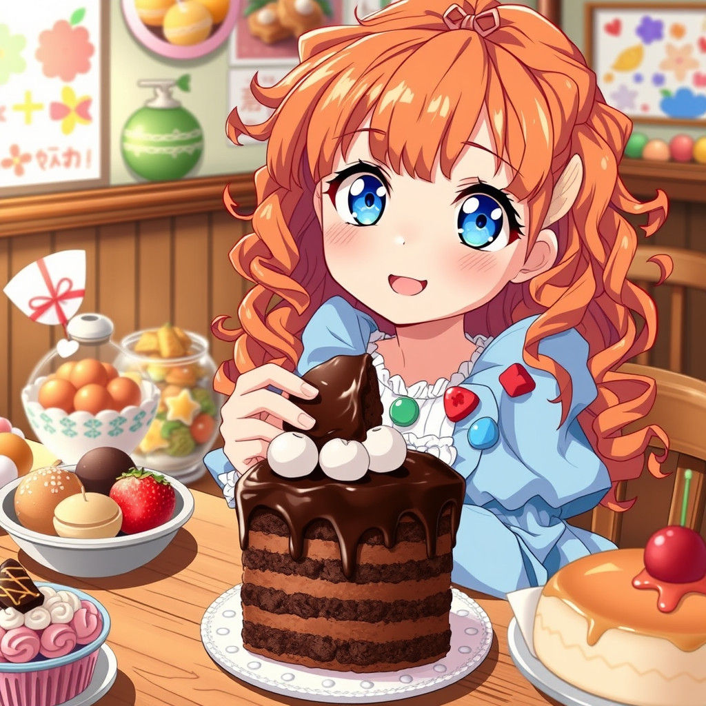Anime Girl Enjoys Sweets in Lively Artistic Style