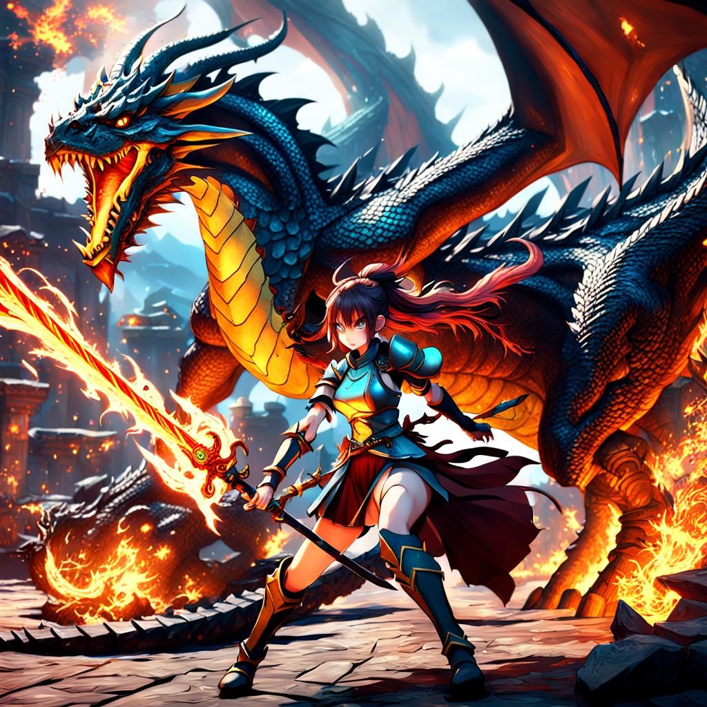 Anime Girl Slaying Dragon with Fire Sword