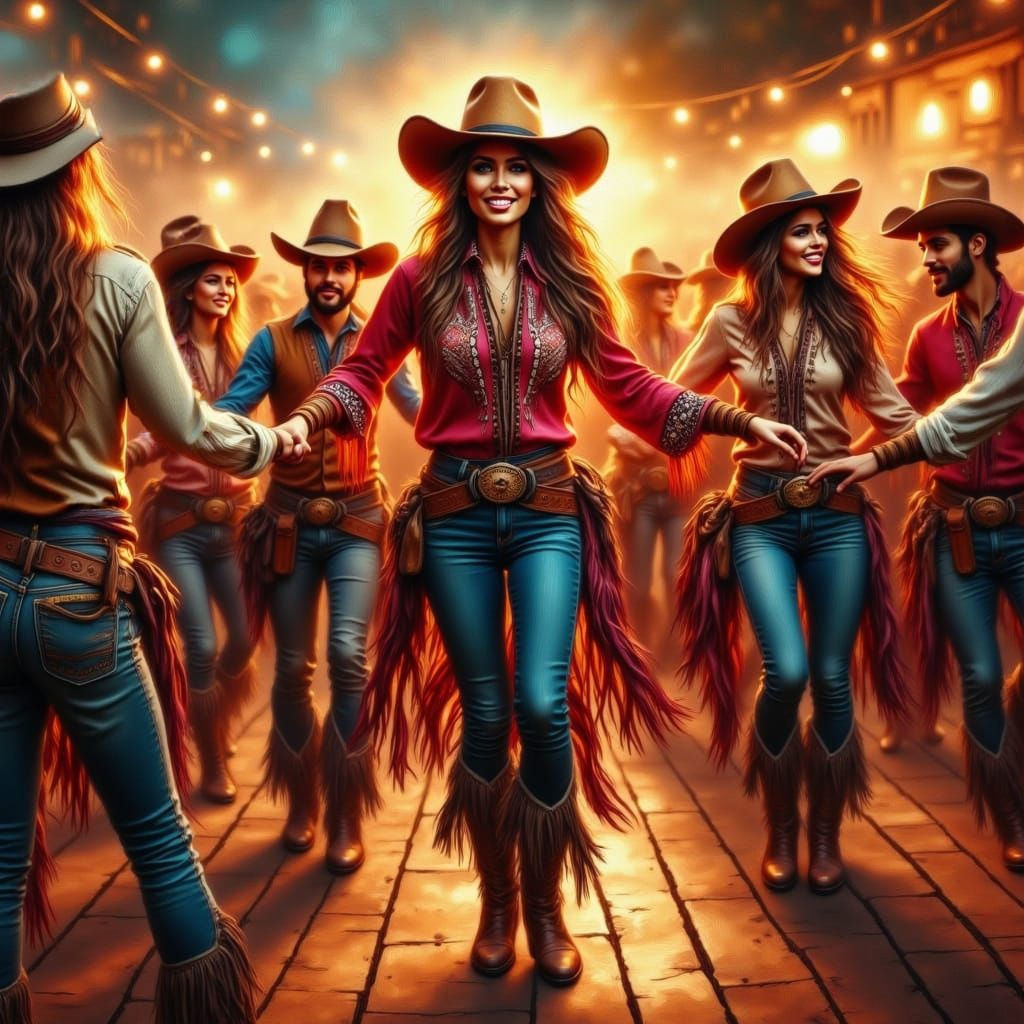 Women Line Dancing with Flames in a Vibrant Western Aestheti...