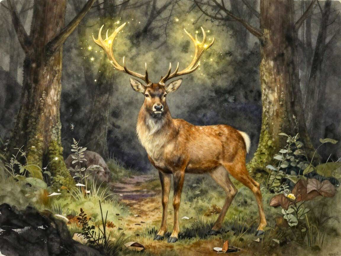 Stag Spirit Illuminates Forest Path with Starlight Antlers