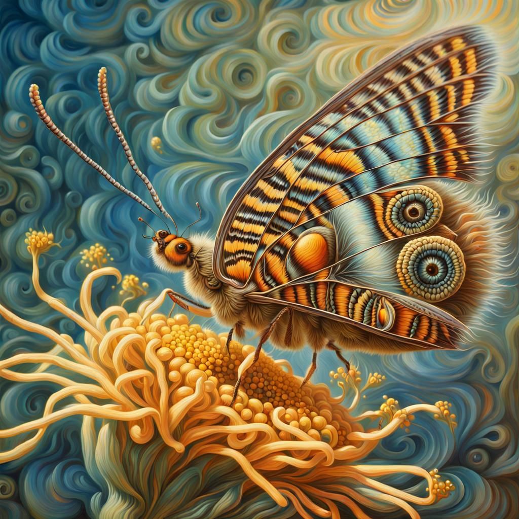 Oil Painting:  intricately detailed close-up butterfly pollinating honey suckle, pollen dust, hairy legs, textured image...