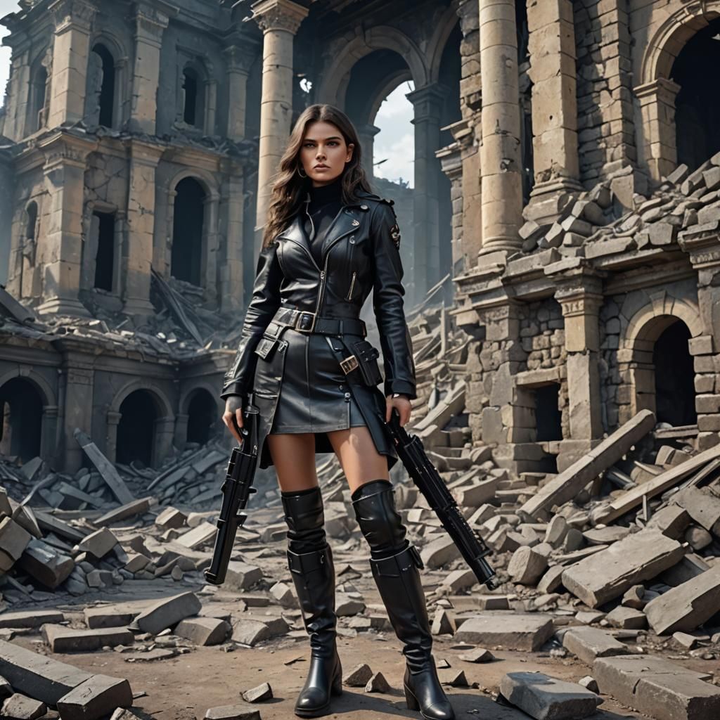 Magazine Cover: Woman with Rifle in War Zone